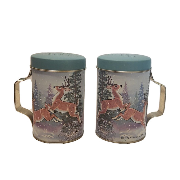 Unbranded Other - JSNY Prancing Deer Snow Christmas Teal Tin Salt and Pepper Shakers NEW